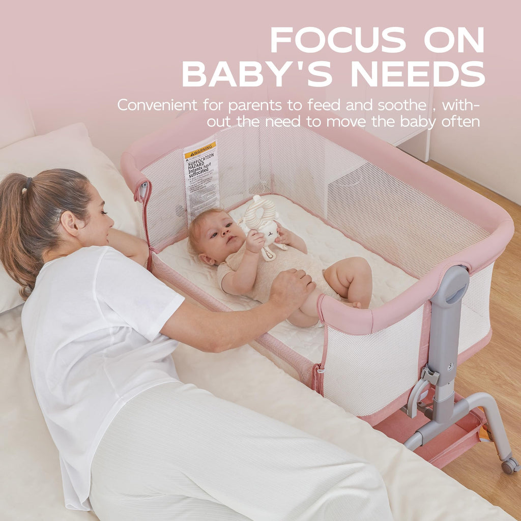 Baby Bassinet Bedside Crib with Mattress & Sheet, 4-Sided Mesh, Pink U3614