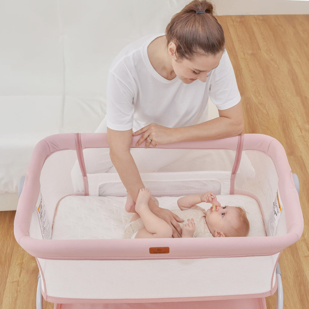 Baby Bassinet Bedside Crib with Mattress & Sheet, 4-Sided Mesh, Pink U3614