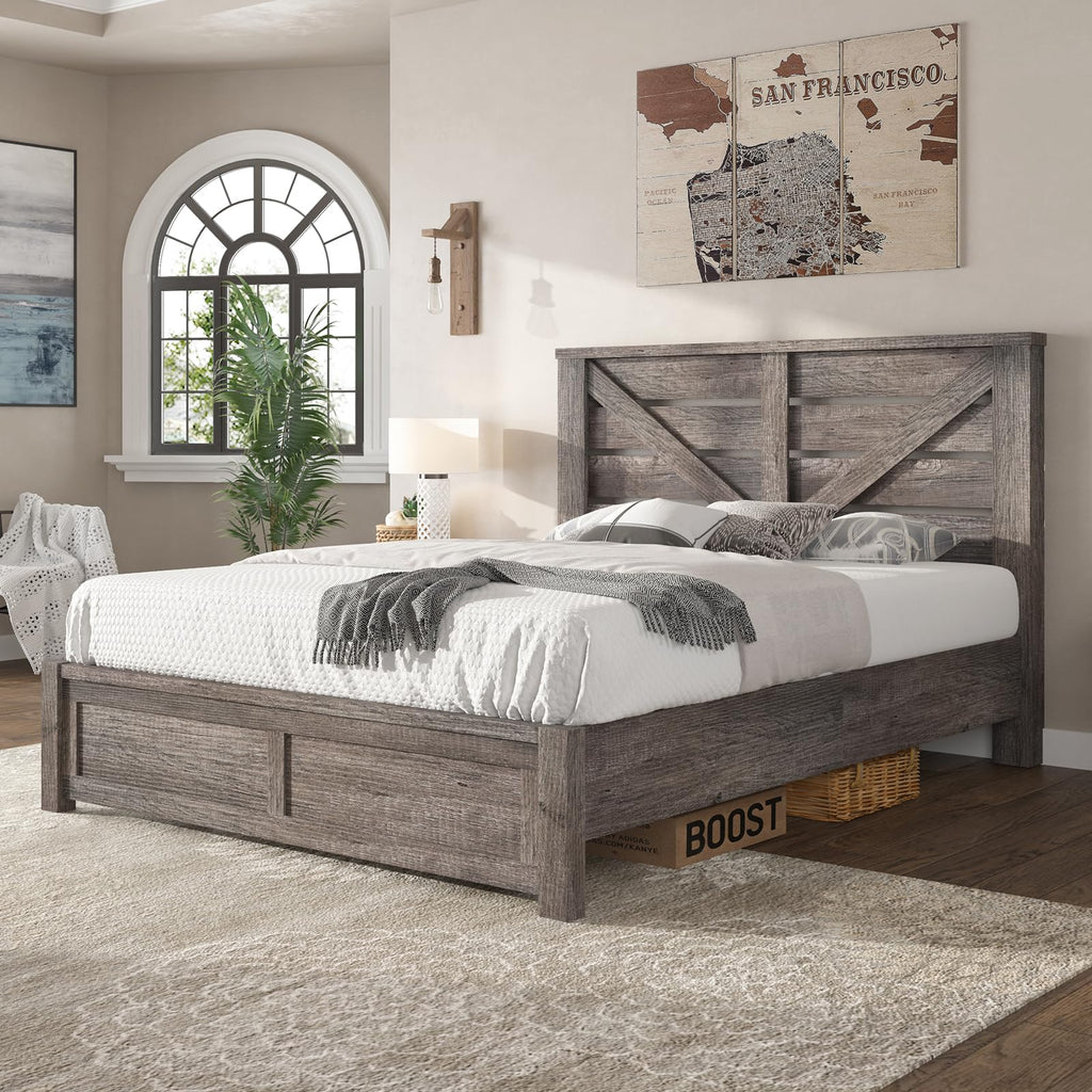 Gray Full Size Bed Frame with Barn Door Headboard L436