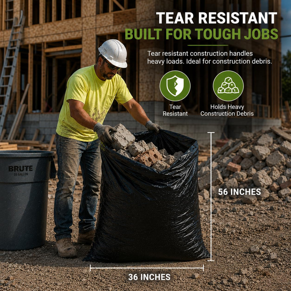 55 Gallon 2 Mil Black Heavy Duty Trash Bags, 20 Count C1645