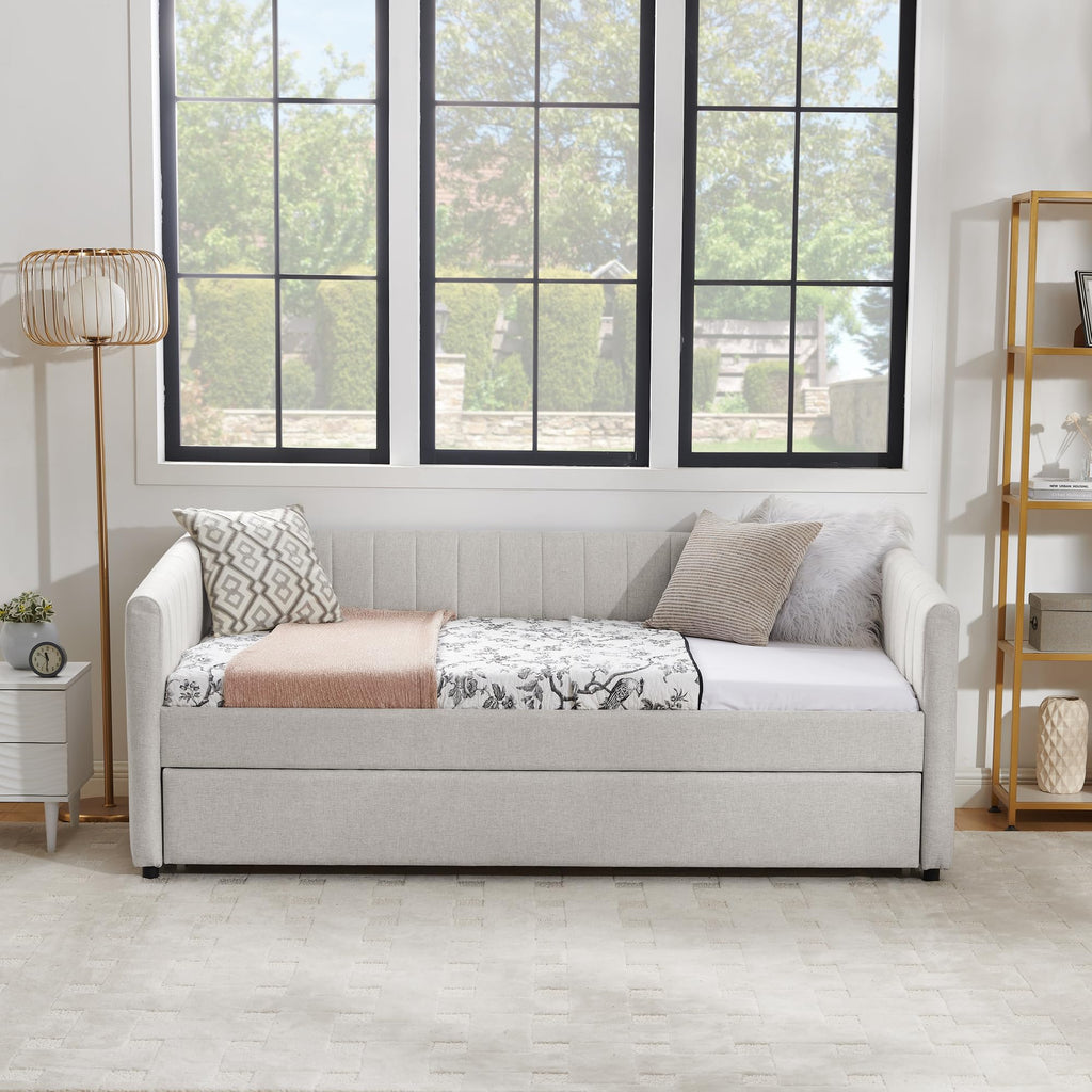 Twin Size Upholstered Linen Daybed with Trundle M2007