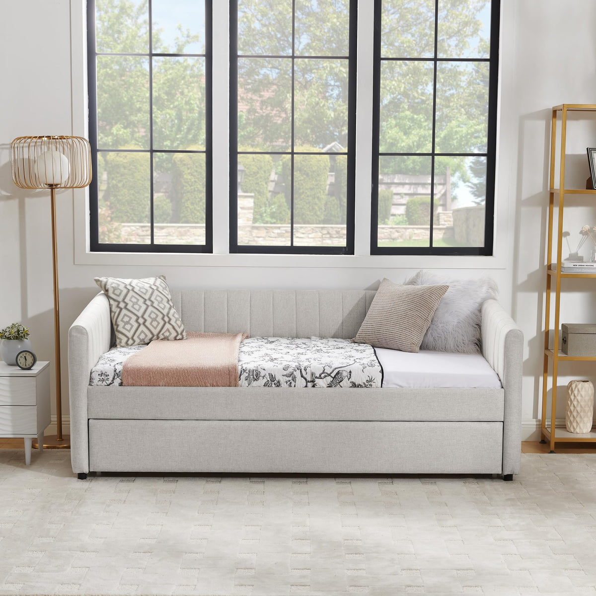Twin Size Upholstered Linen Daybed with Trundle M2007