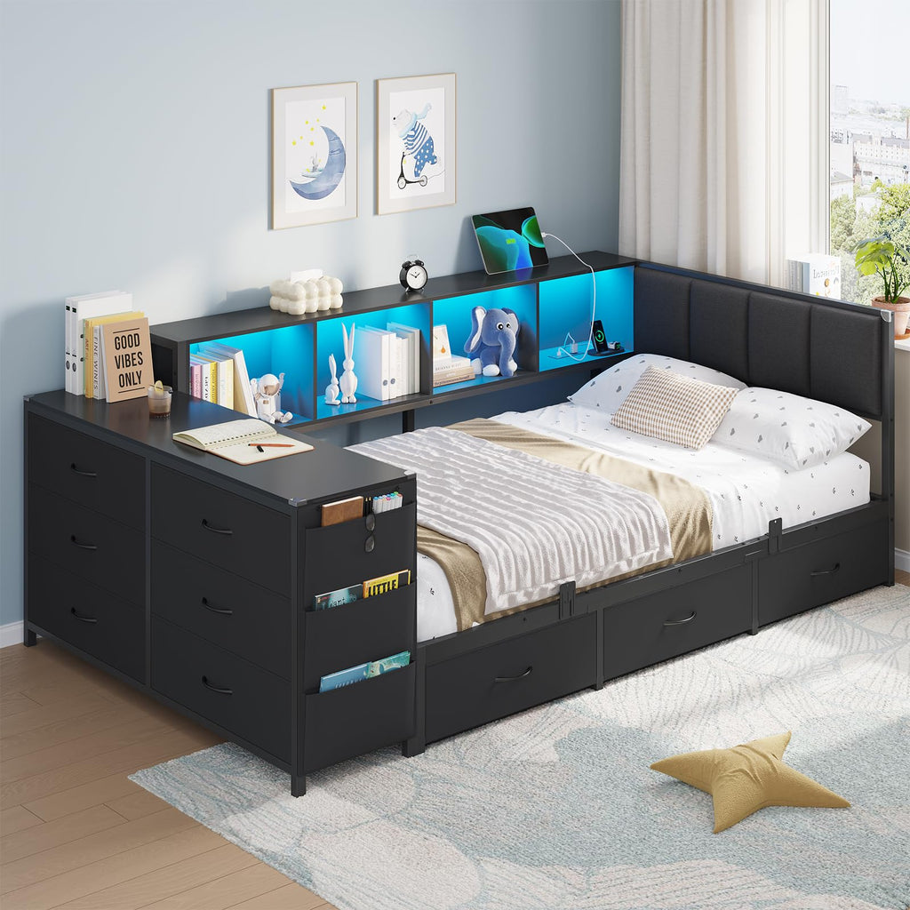 Twin Corner Bed with 6 Storage Dressers, 3 Drawers & Bookcase, Charging Station and LED Light, Desk, Upholstered Headboard, Black S92803