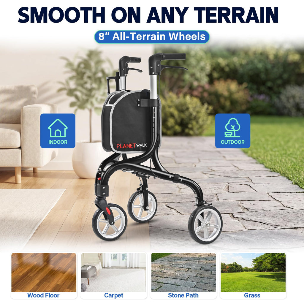 Super Lightweight 3 Wheel Foldable Aluminum Walker with Cup Holder, Black M2440