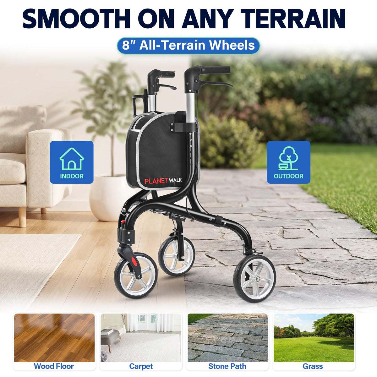 Super Lightweight 3 Wheel Foldable Aluminum Walker with Cup Holder, Black M2440