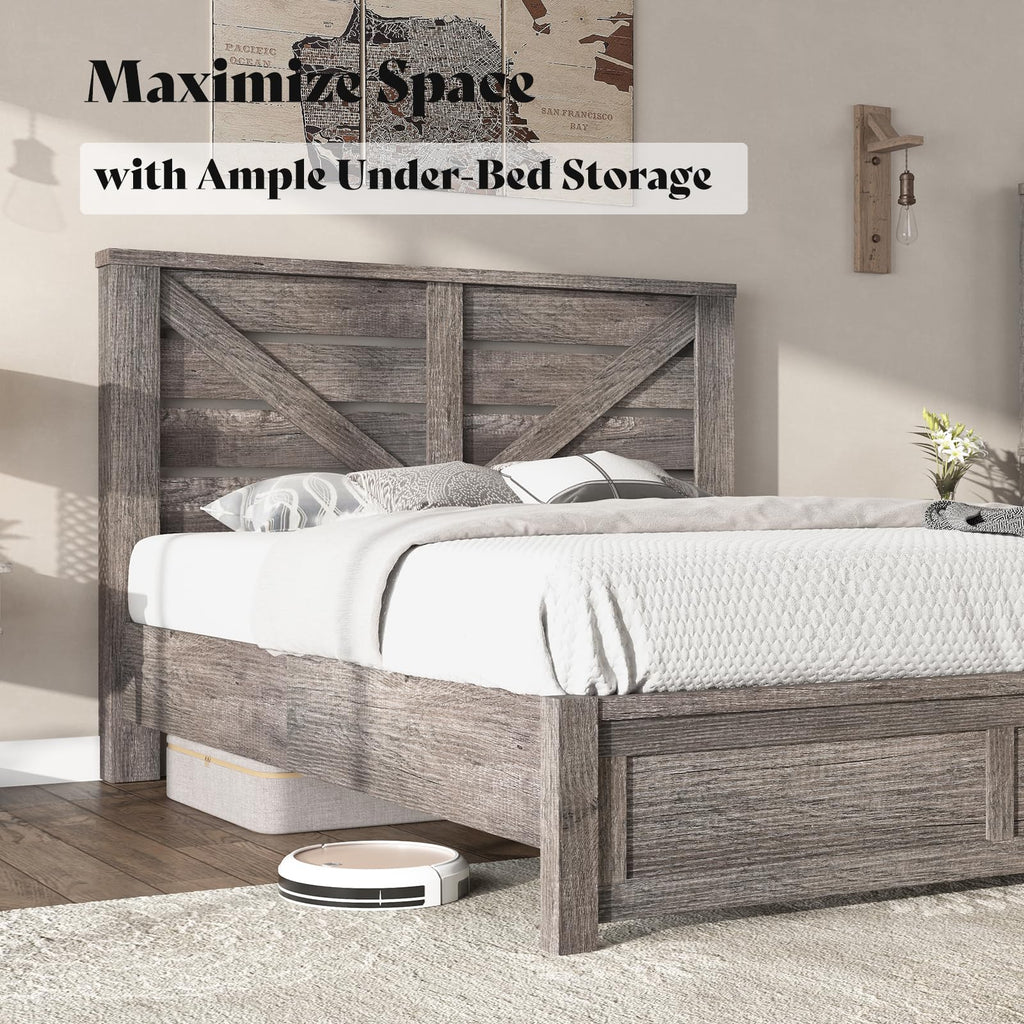 Gray Full Size Bed Frame with Barn Door Headboard L436