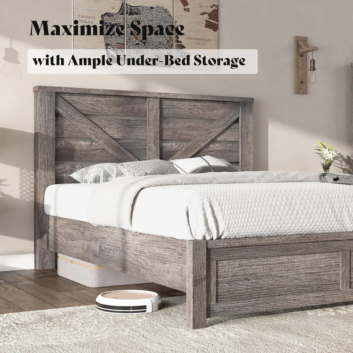 Gray Full Size Bed Frame with Barn Door Headboard L436