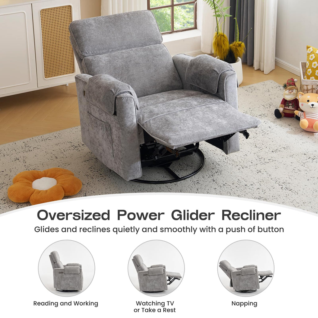 Oversized Swivel Rocking Recliner Chair with USB Ports, Grey Q6316