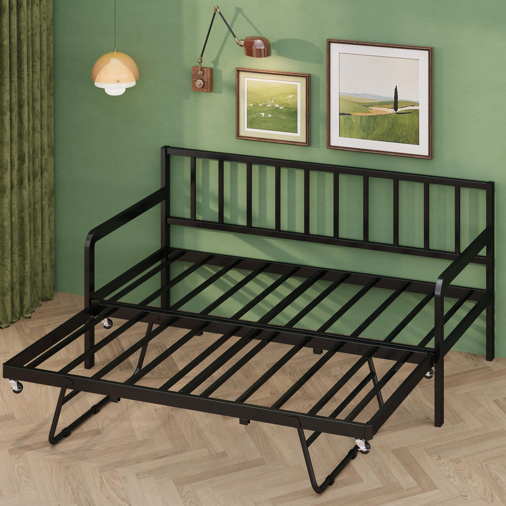 Twin Daybed with Pop Up Trundle, Metal Steel Slats, Black M654