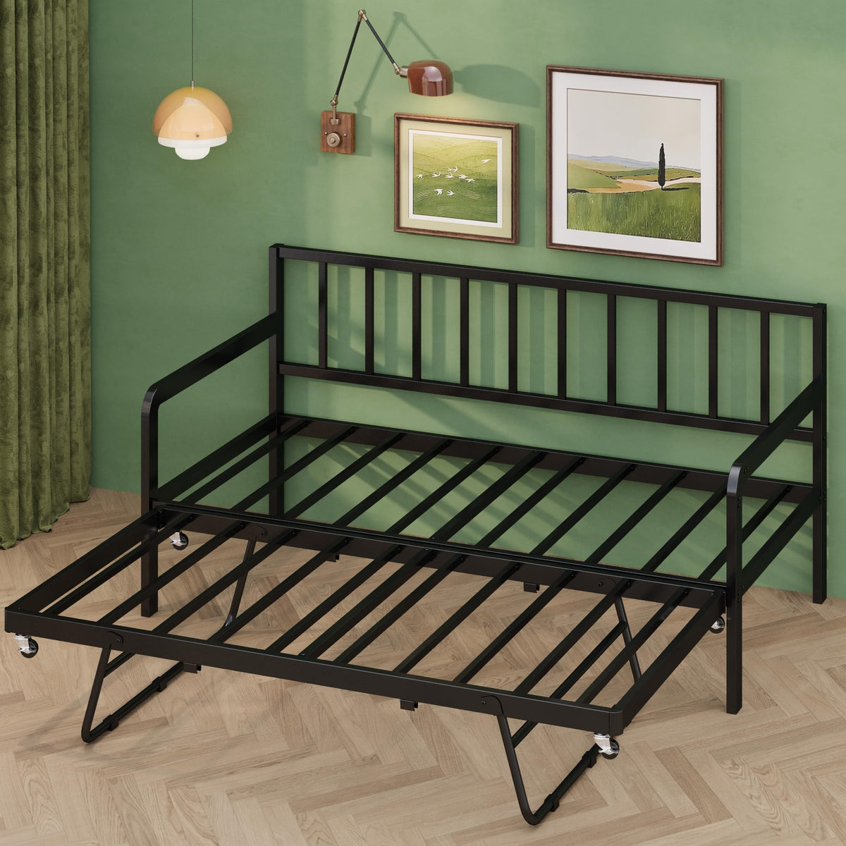 Twin Daybed with Pop Up Trundle, Metal Steel Slats, Black M654