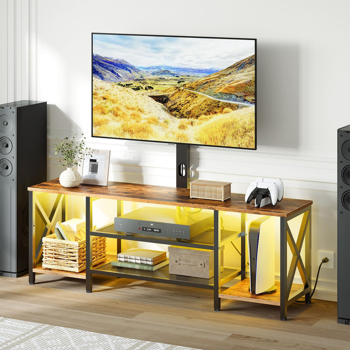 Rustic Brown 3-Tier TV Stand with Swivel Mount and Power Outlet D250858