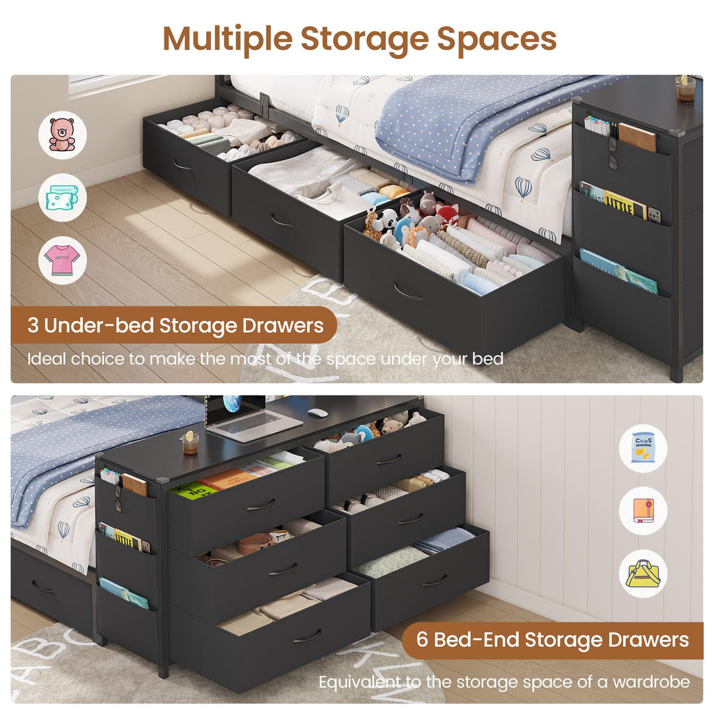 Twin Corner Bed with 6 Storage Dressers, 3 Drawers & Bookcase, Charging Station and LED Light, Desk, Upholstered Headboard, Black S92803