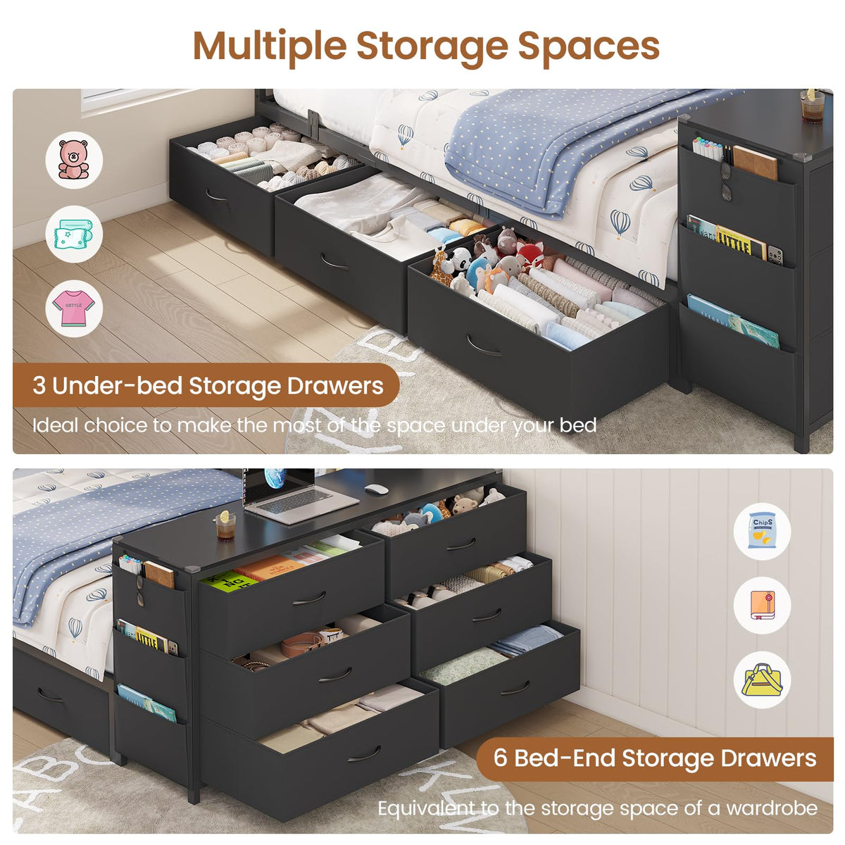 Twin Corner Bed with 6 Storage Dressers, 3 Drawers & Bookcase, Charging Station and LED Light, Desk, Upholstered Headboard, Black S92803