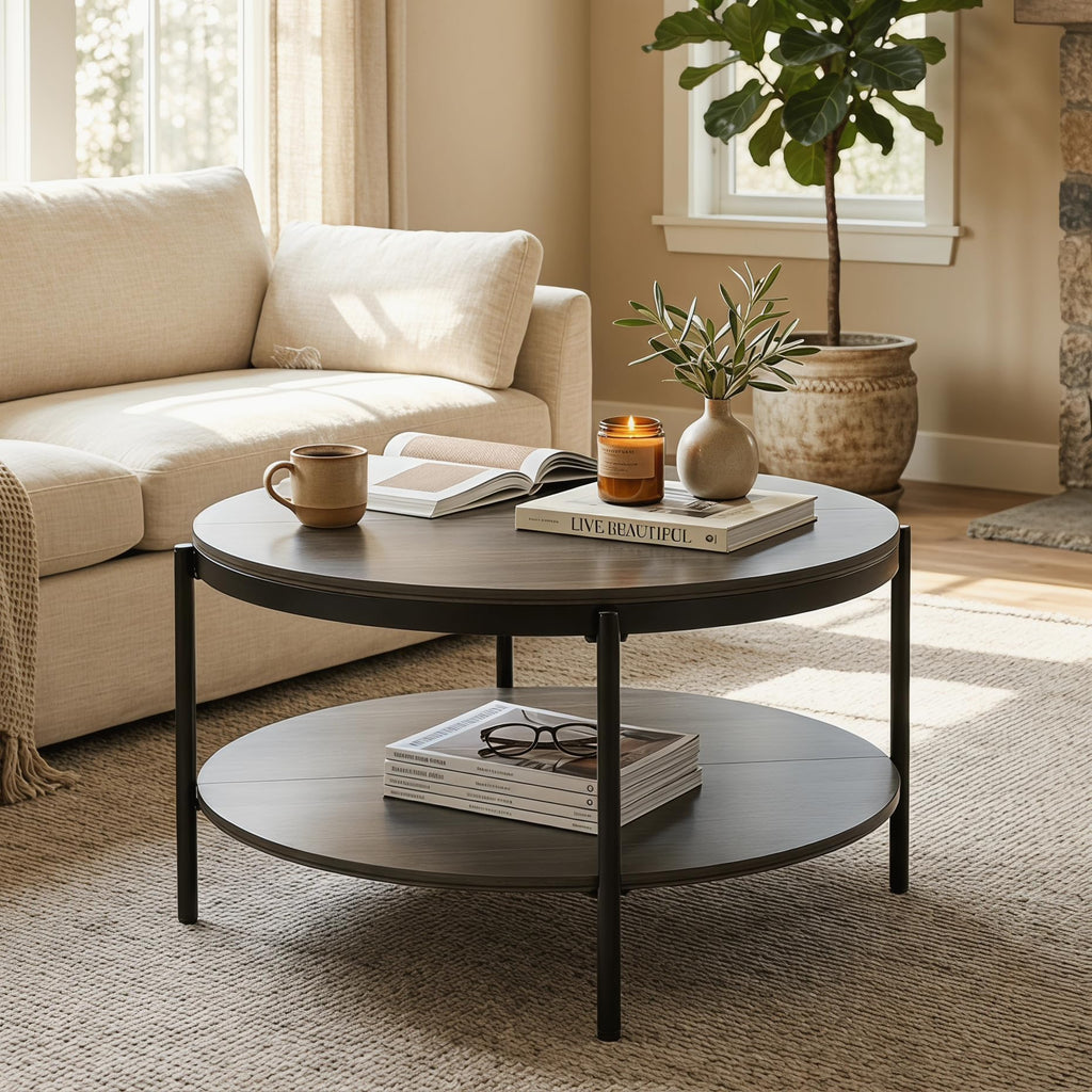 Round Coffee Table with 2-Tier Storage Shelf B294