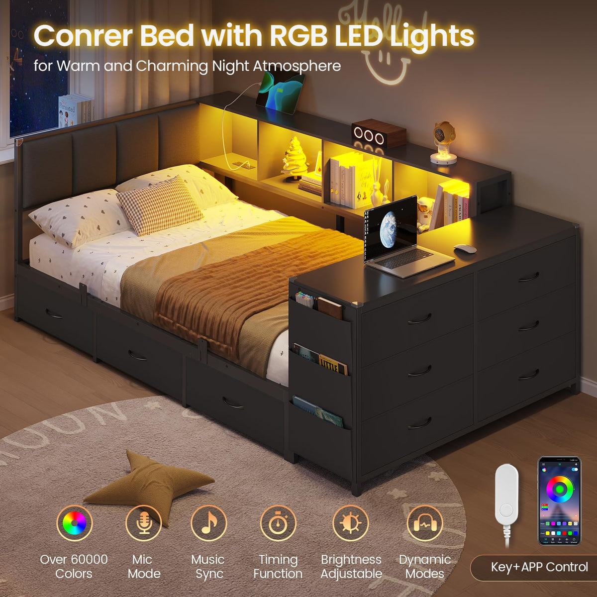 Twin Corner Bed with 6 Storage Dressers, 3 Drawers & Bookcase, Charging Station and LED Light, Desk, Upholstered Headboard, Black S92803