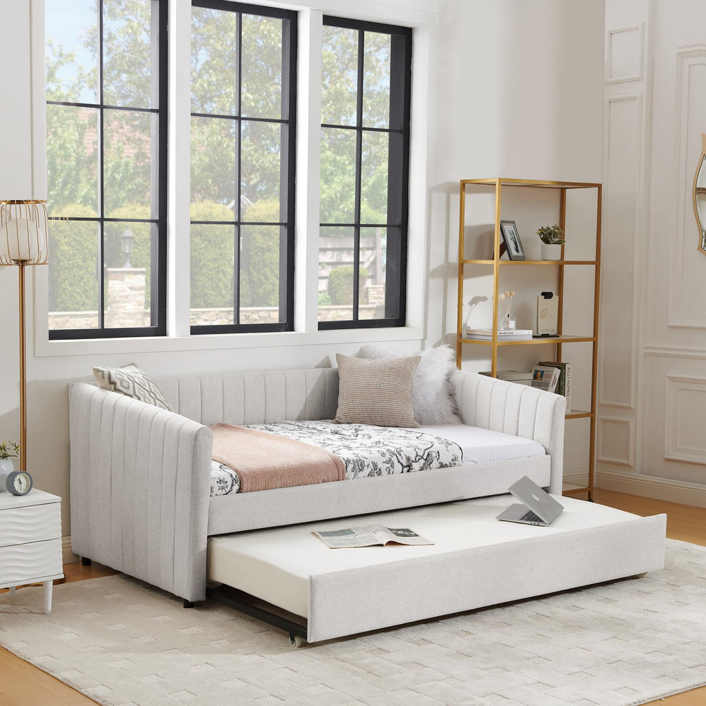 Twin Size Upholstered Linen Daybed with Trundle M2007