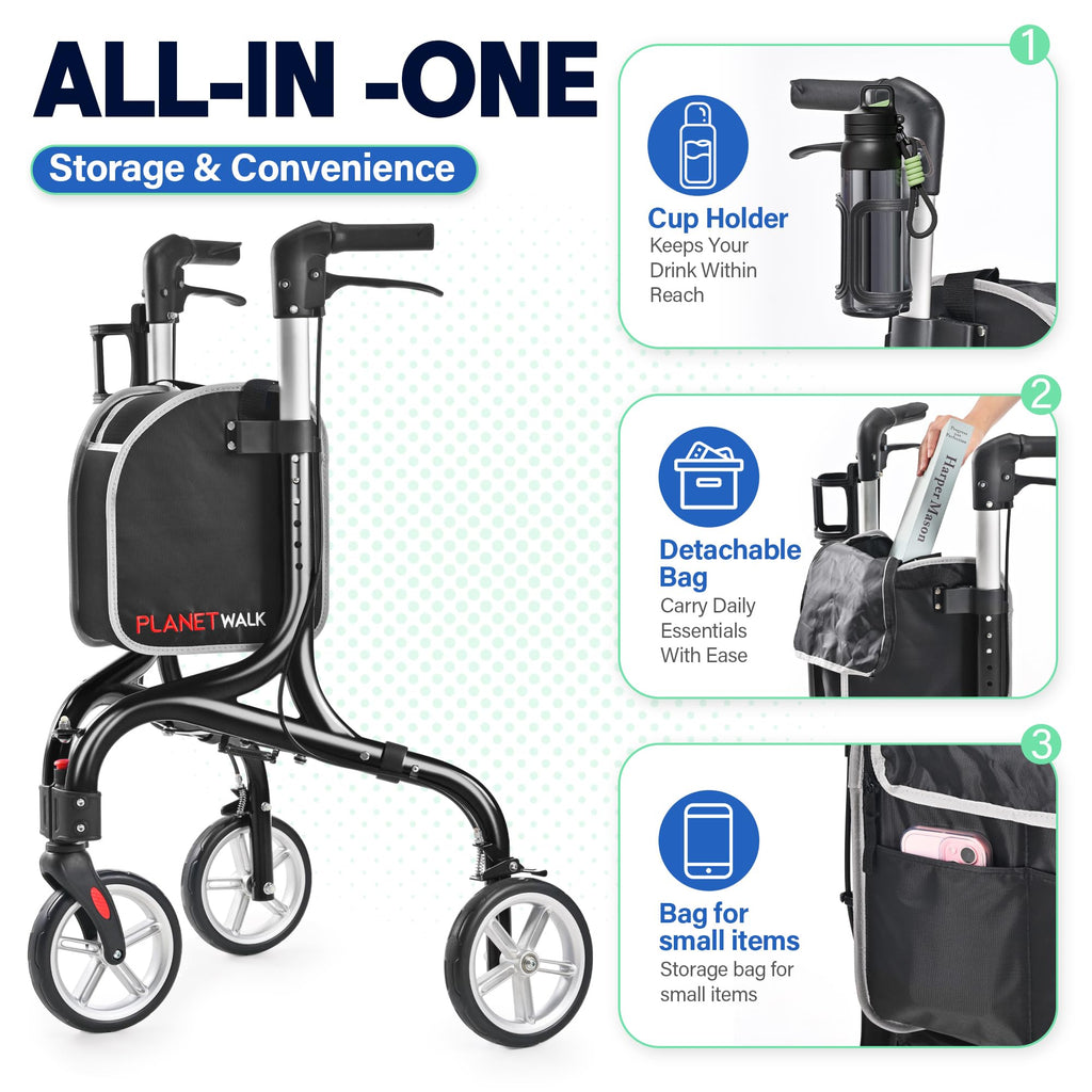 Super Lightweight 3 Wheel Foldable Aluminum Walker with Cup Holder, Black M2440