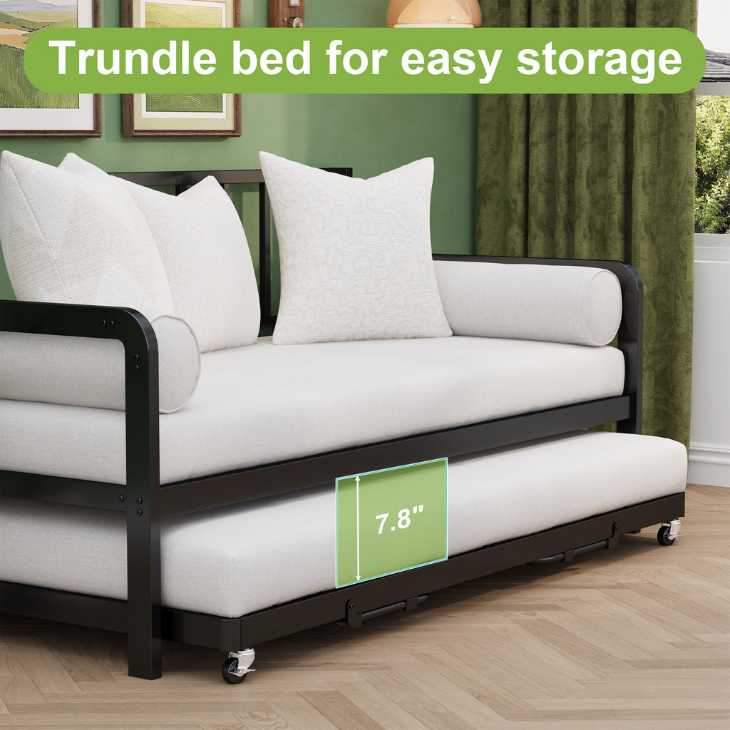 Twin Daybed with Pop Up Trundle, Metal Steel Slats, Black M654