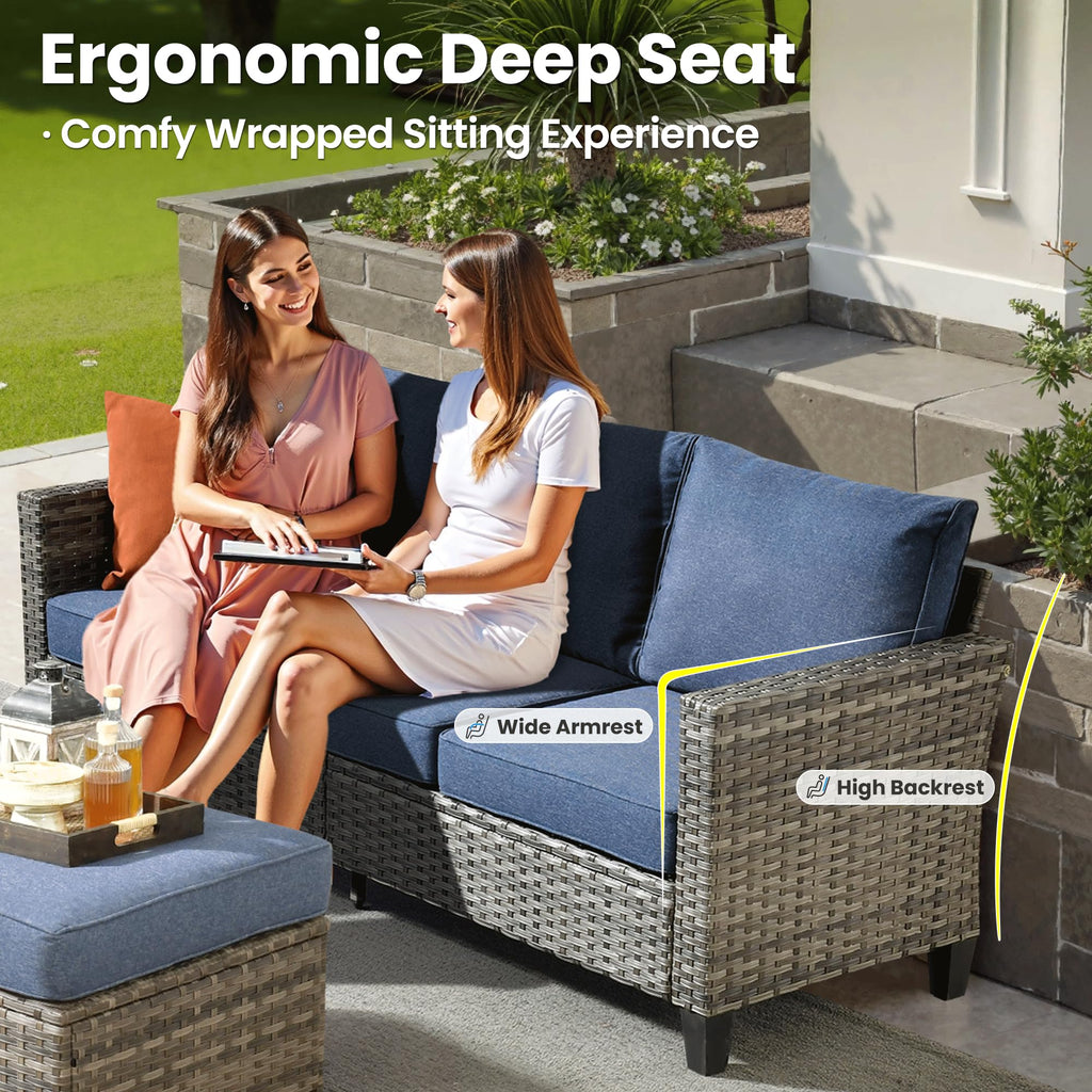 3 Pieces Wicker Rattan Patio Furniture Set with Ottomans B12343