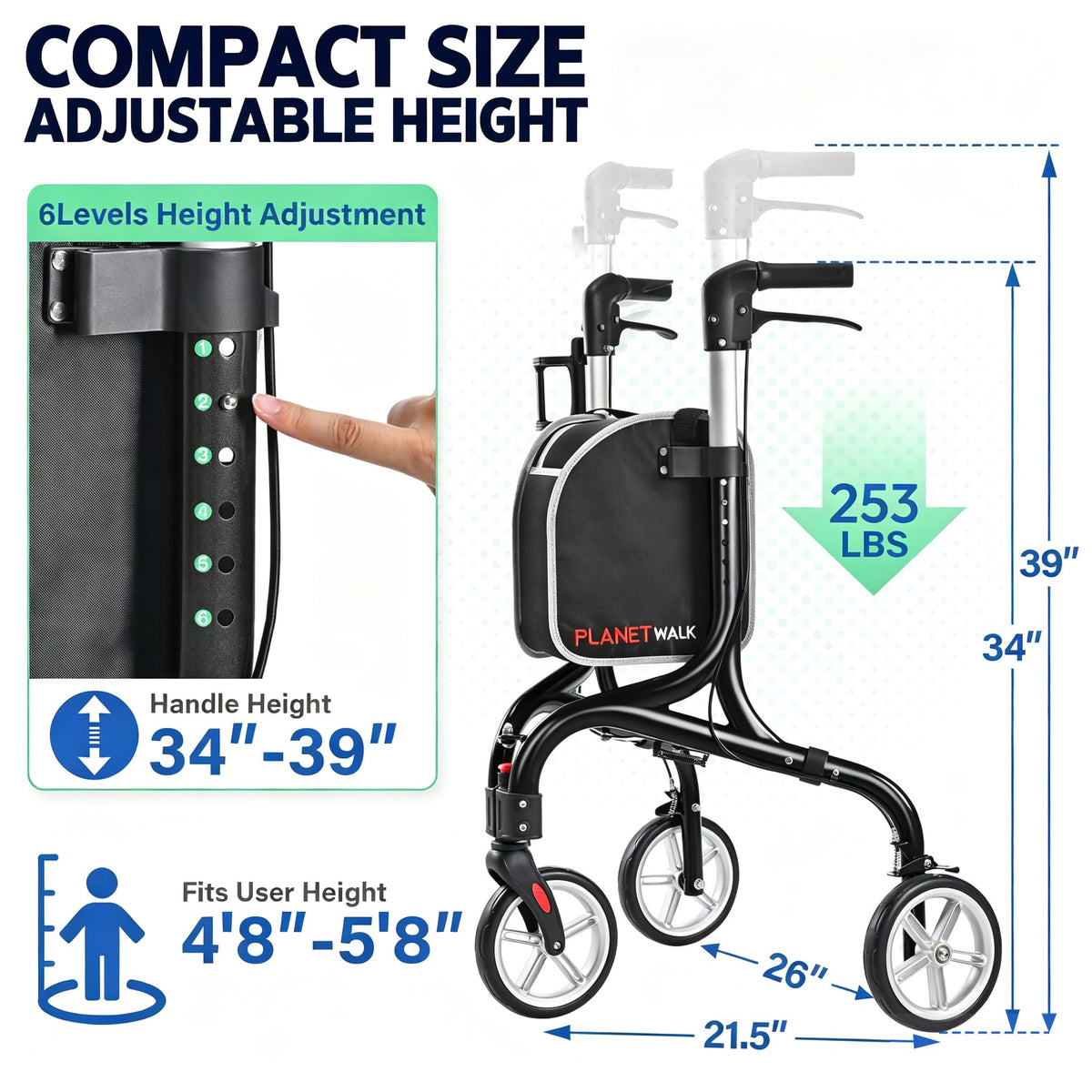 Super Lightweight 3 Wheel Foldable Aluminum Walker with Cup Holder, Black M2440
