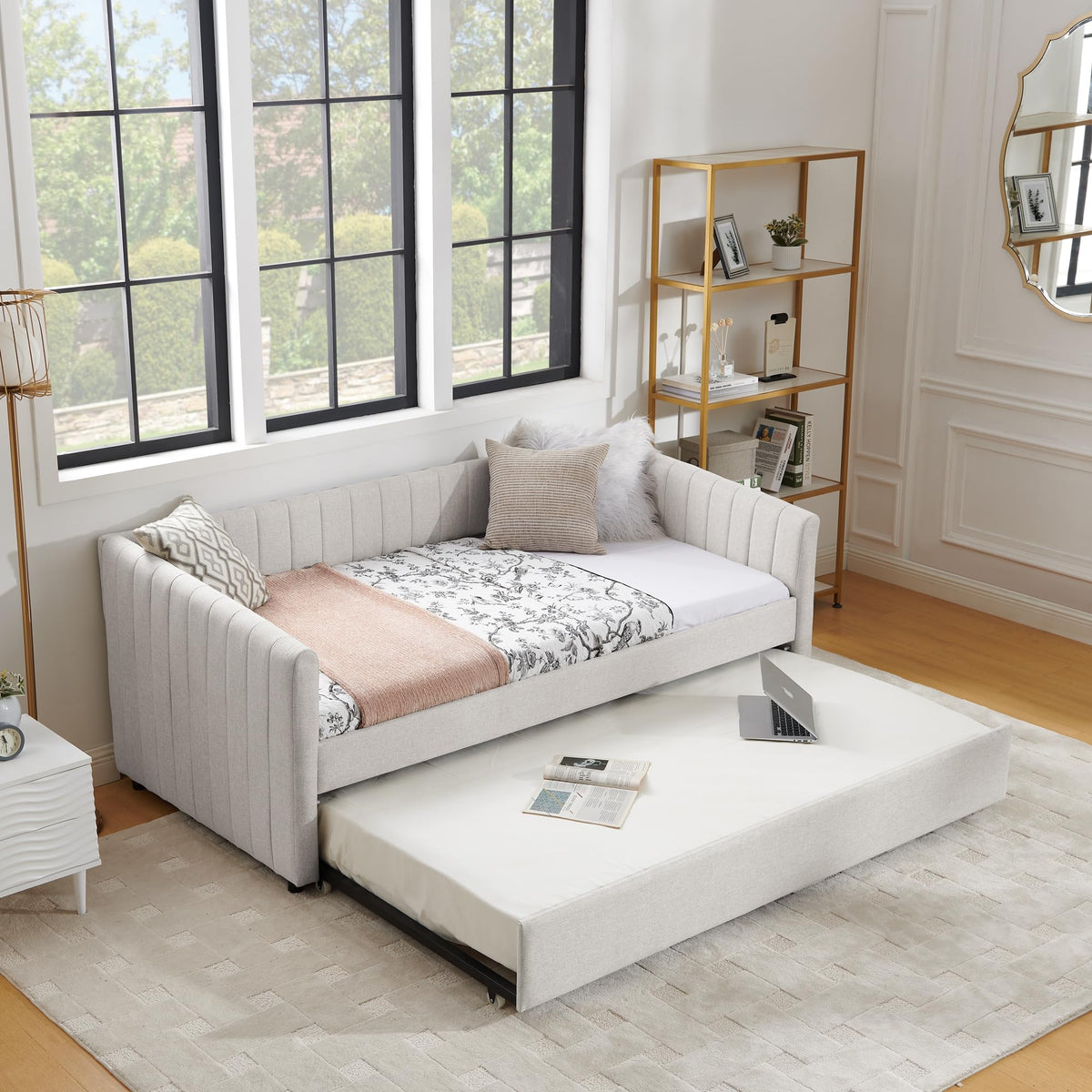 Twin Size Upholstered Linen Daybed with Trundle M2007