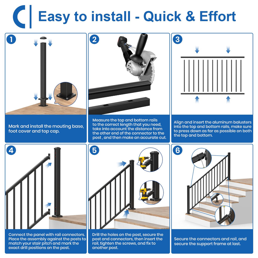 1 Pack 36 in. H x 6 ft. W Aluminum Stair Railing Kit with Post P33771