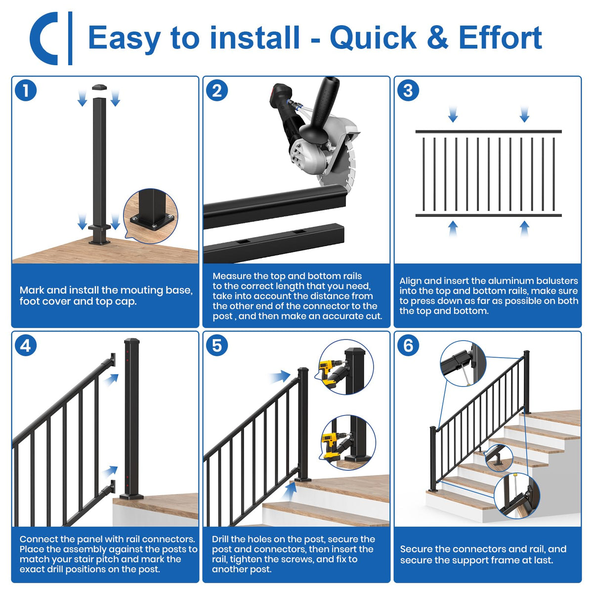 1 Pack 36 in. H x 6 ft. W Aluminum Stair Railing Kit with Post P33771