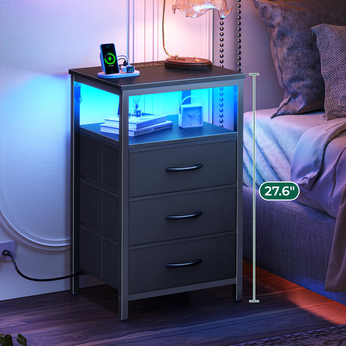 3 Drawer Nightstand with Charger Station and LED Lights M69287