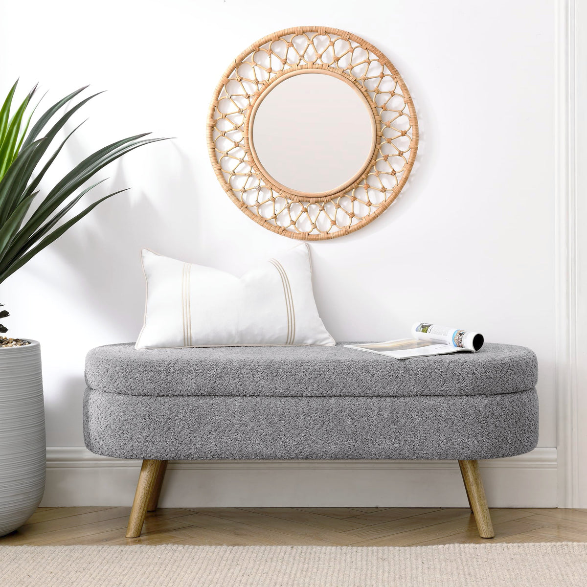 Oval Storage Bench with Rubber Wood Legs, Gray P981