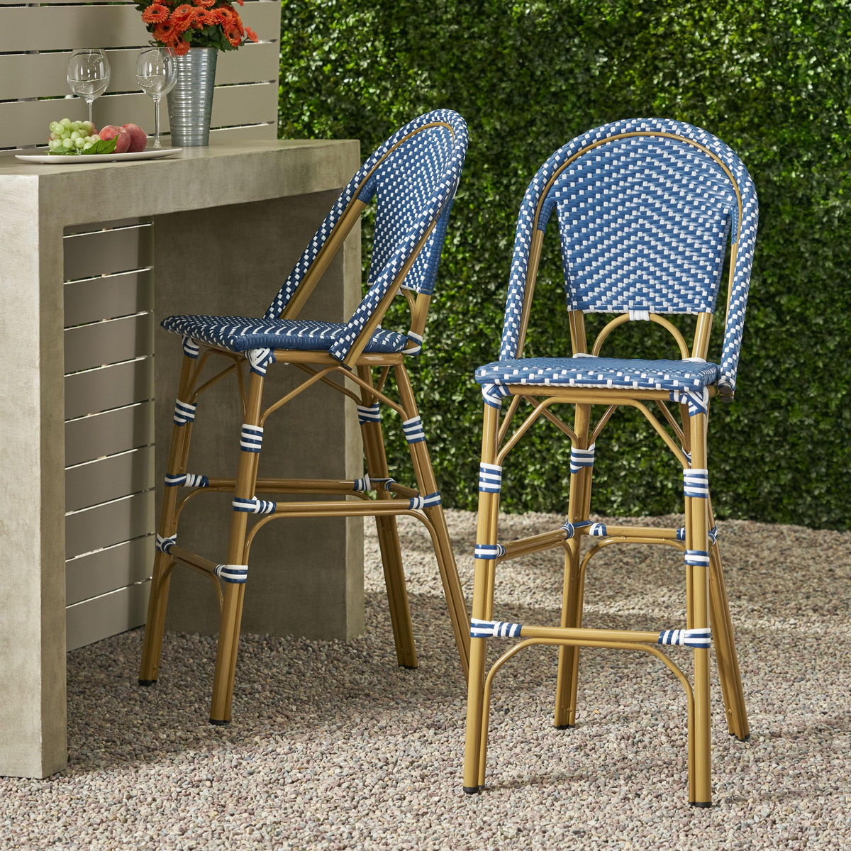 29.5" Outdoor PE Rattan Bar Stool, Dark Teal and White, Set of 2 F38644