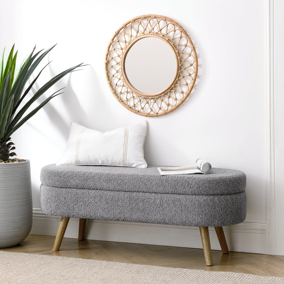 Oval Storage Bench with Rubber Wood Legs, Gray P981