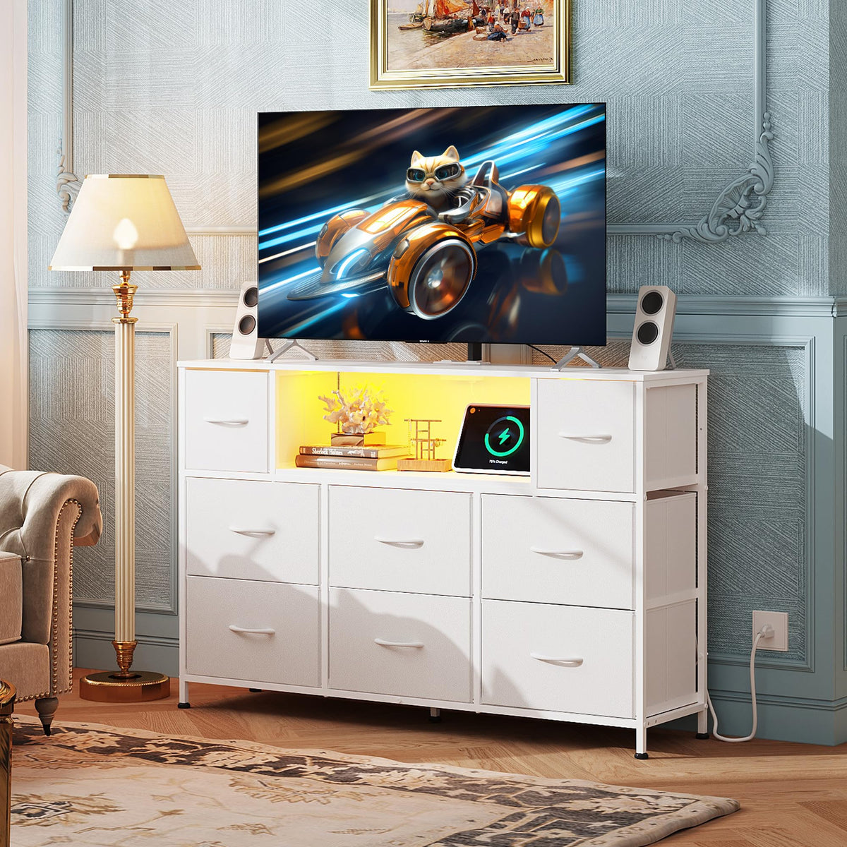 White 2-Piece TV Stand Dresser with 8+9 Fabric Drawers O334757