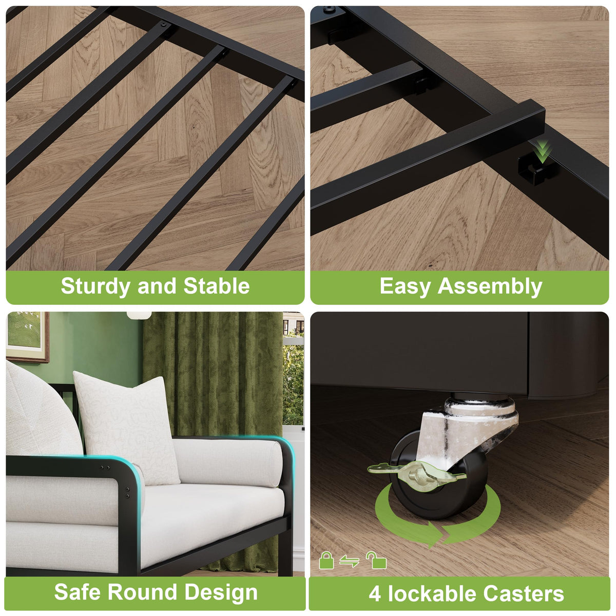 Twin Daybed with Pop Up Trundle, Metal Steel Slats, Black M654