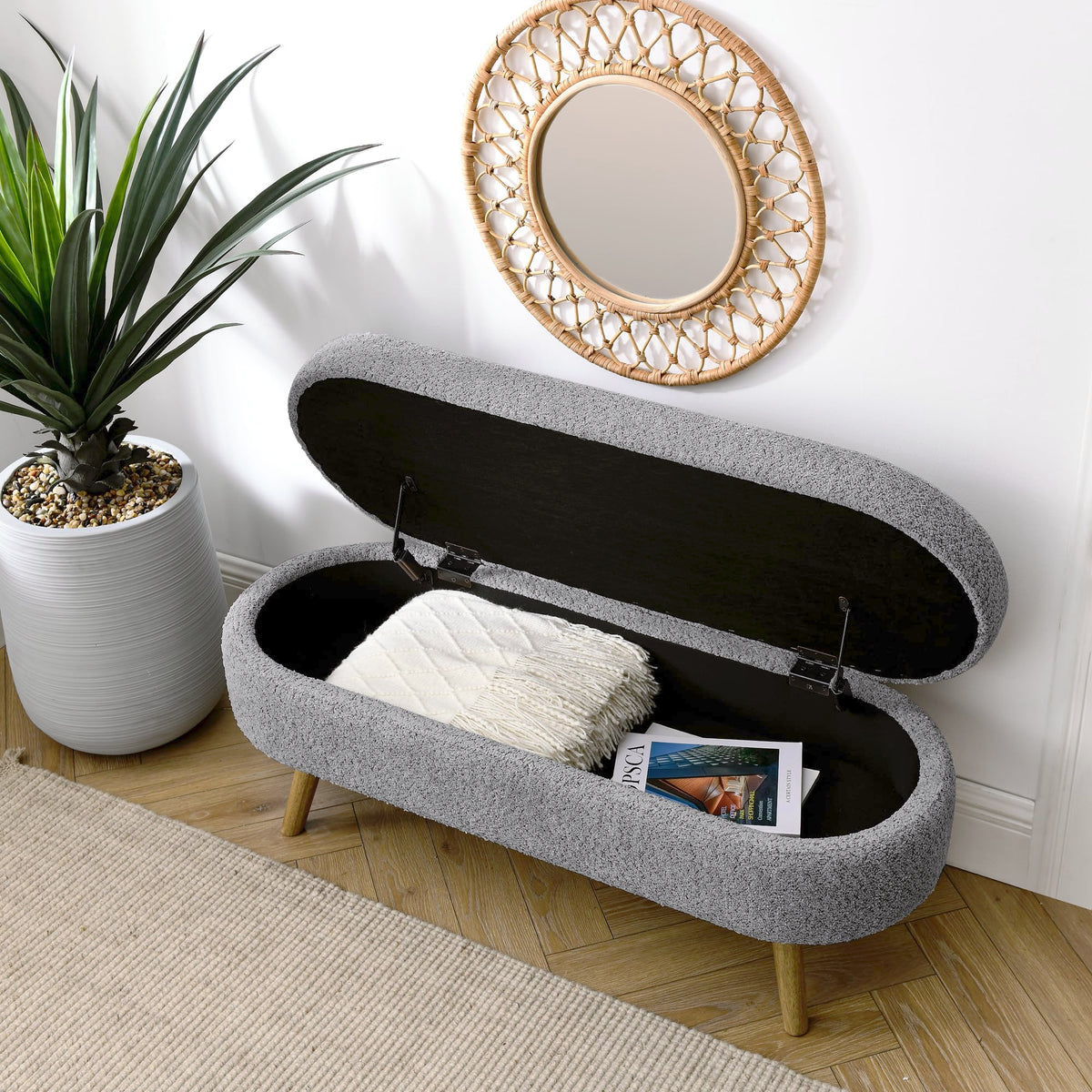 Oval Storage Bench with Rubber Wood Legs, Gray P981