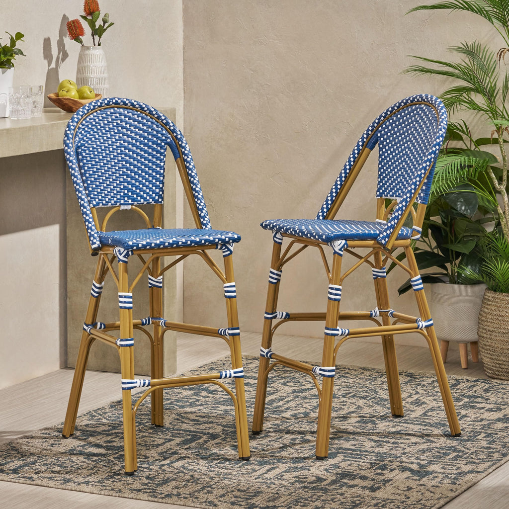 29.5" Outdoor PE Rattan Bar Stool, Dark Teal and White, Set of 2 F38644