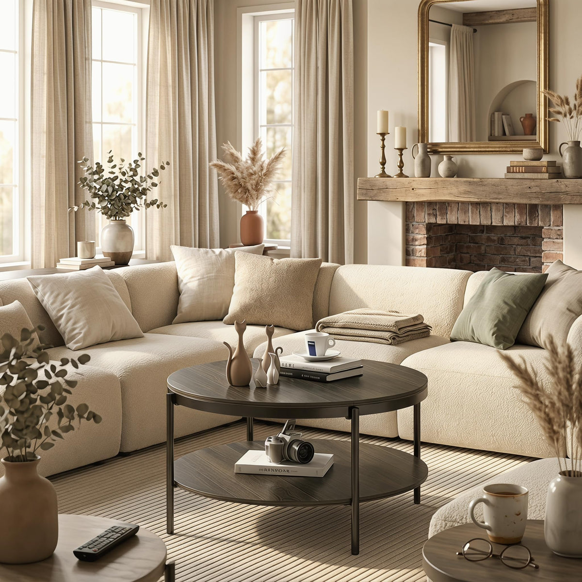 Round Coffee Table with 2-Tier Storage Shelf B294