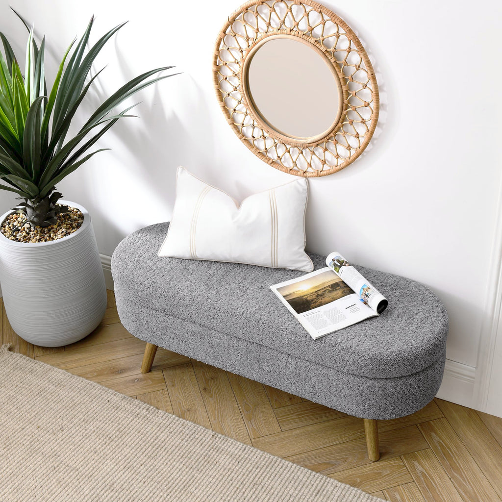 Oval Storage Bench with Rubber Wood Legs, Gray P981