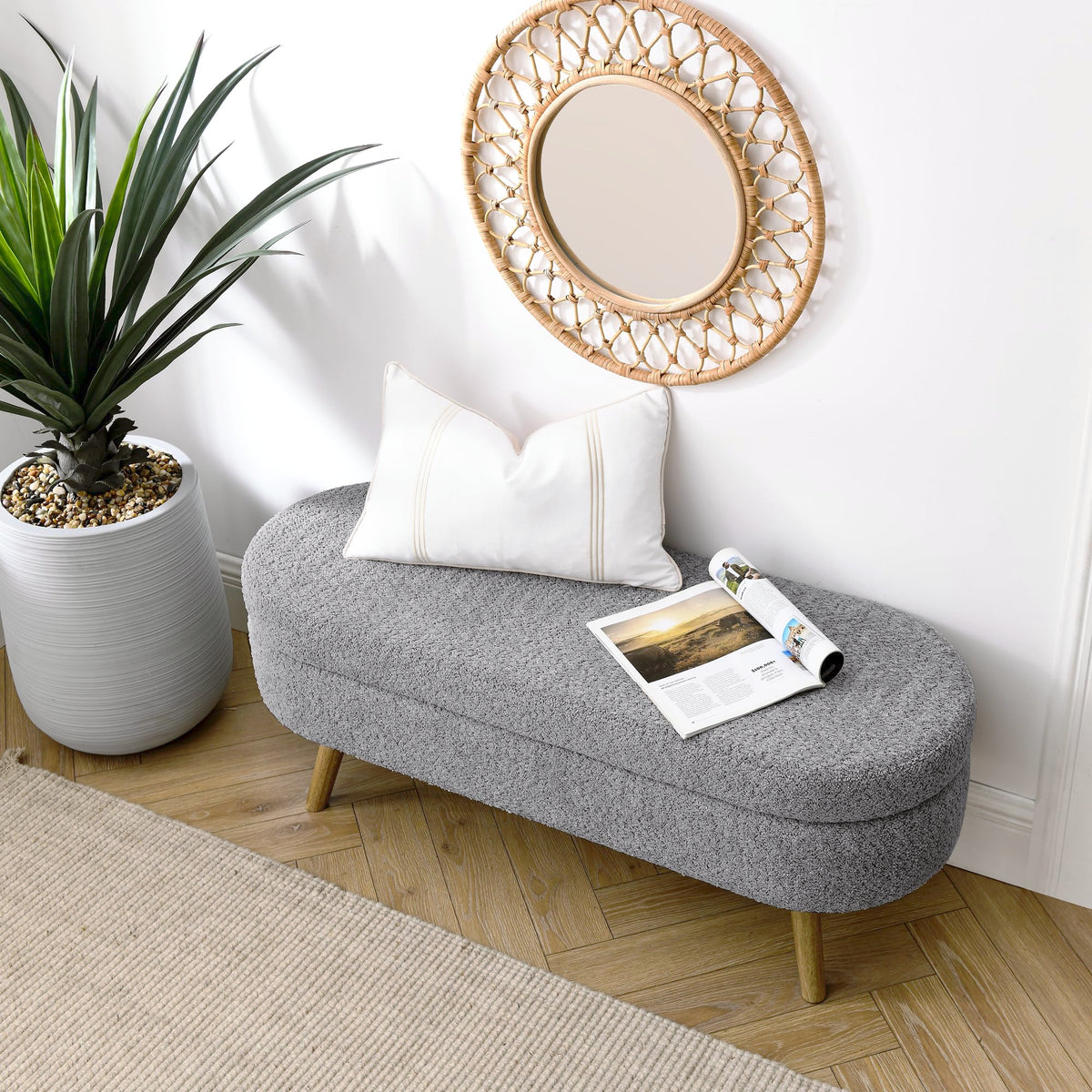 Oval Storage Bench with Rubber Wood Legs, Gray P981