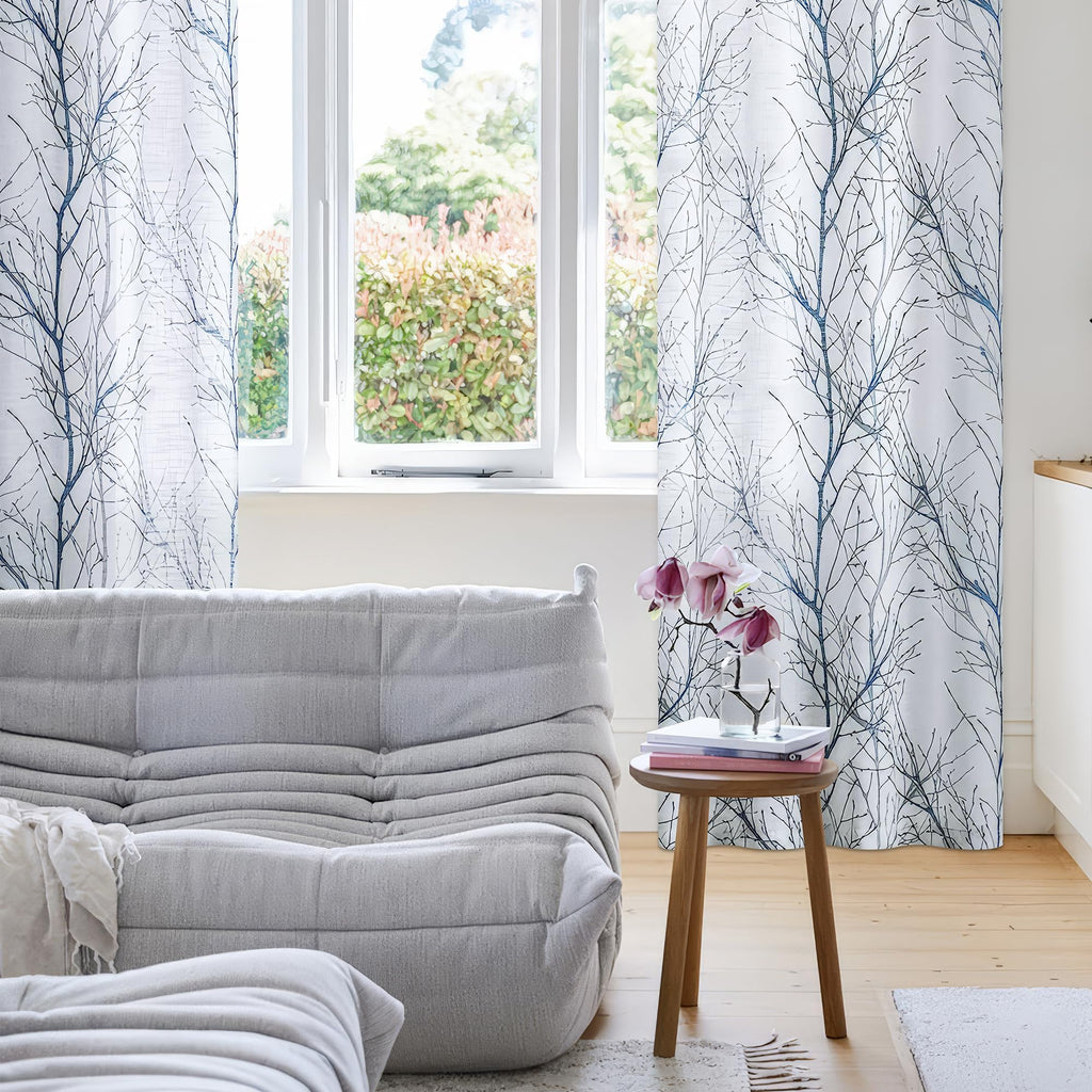 Linen Blue White Semi Sheer Curtains 84 Inch 1 Panel F755206
