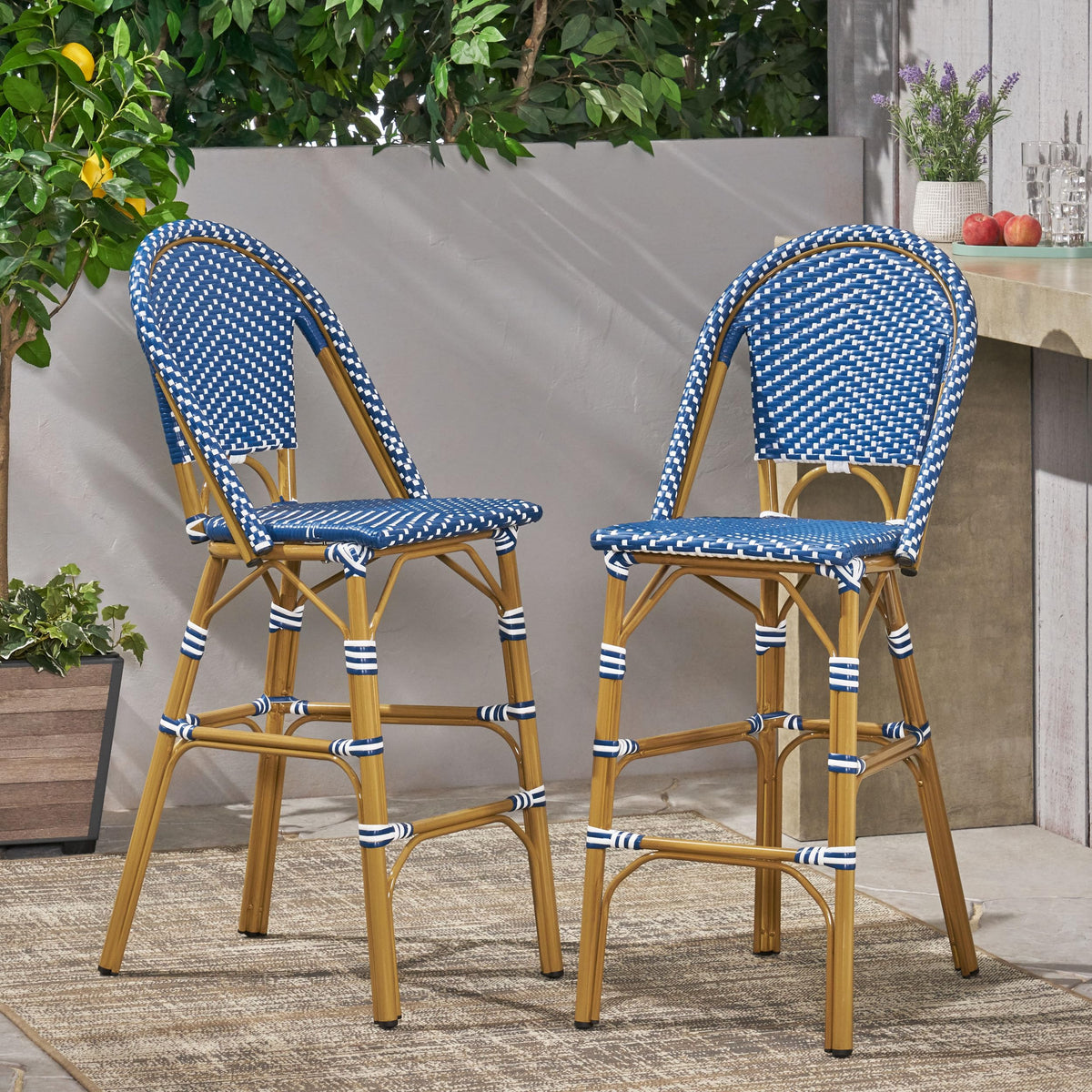 29.5" Outdoor PE Rattan Bar Stool, Dark Teal and White, Set of 2 F38644