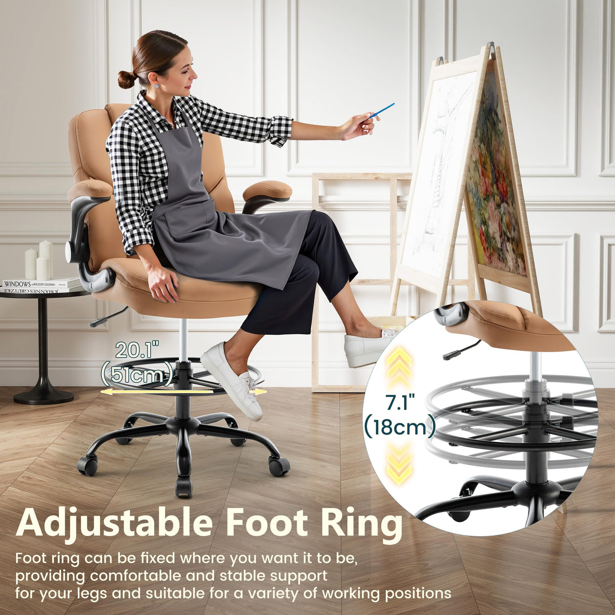 Brown PU Leather Drafting Chair with Flip-up Armrests D17060