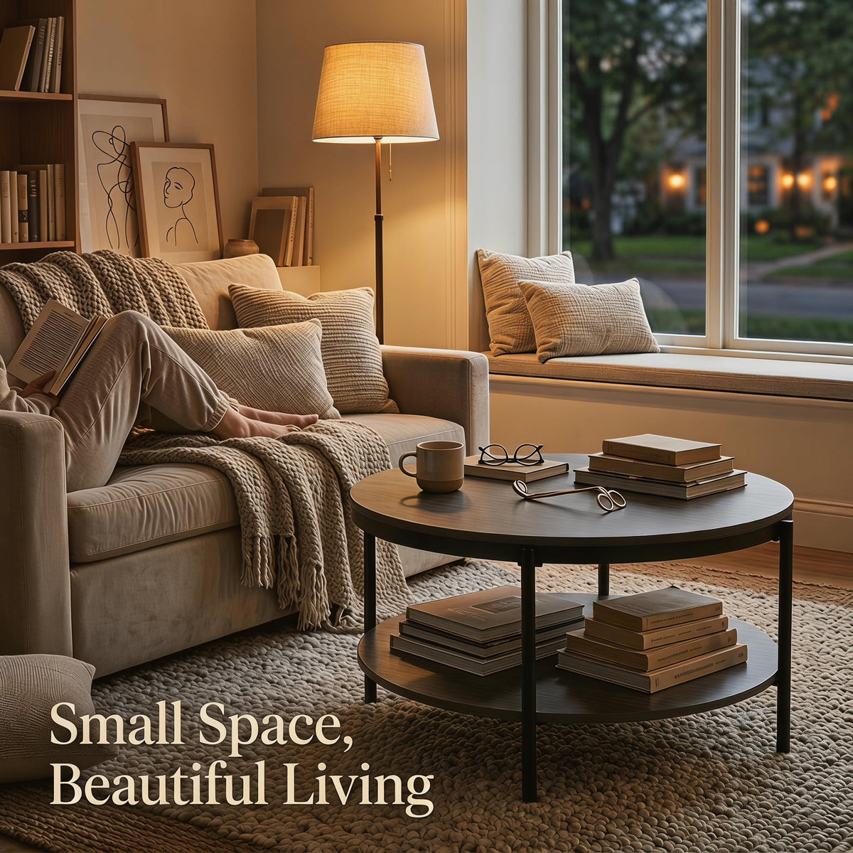 Round Coffee Table with 2-Tier Storage Shelf B294